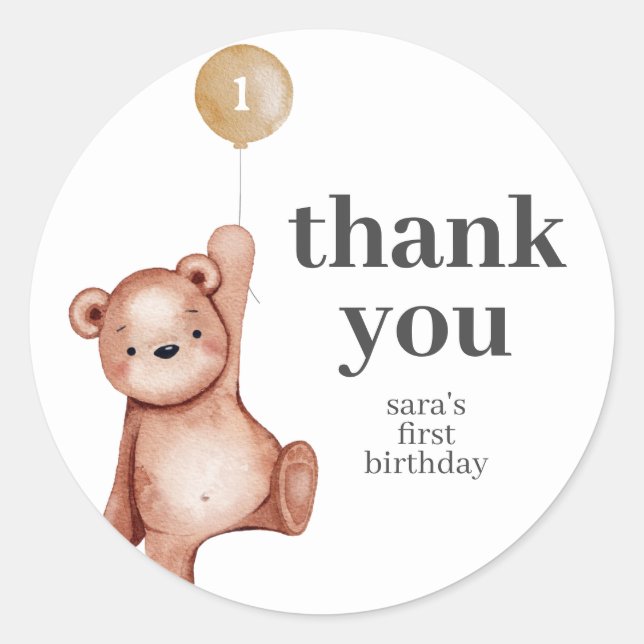 Teddy Bear First Birthday Party Favor Classic Round Sticker (Front)