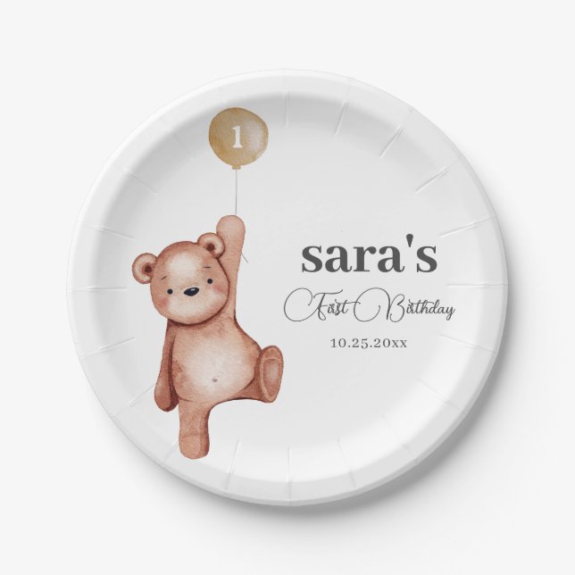 Teddy Bear First Birthday Party Paper Plates (Front)
