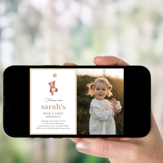 Teddy Bear First Birthday Party With Photo Invitation (Front Digital)