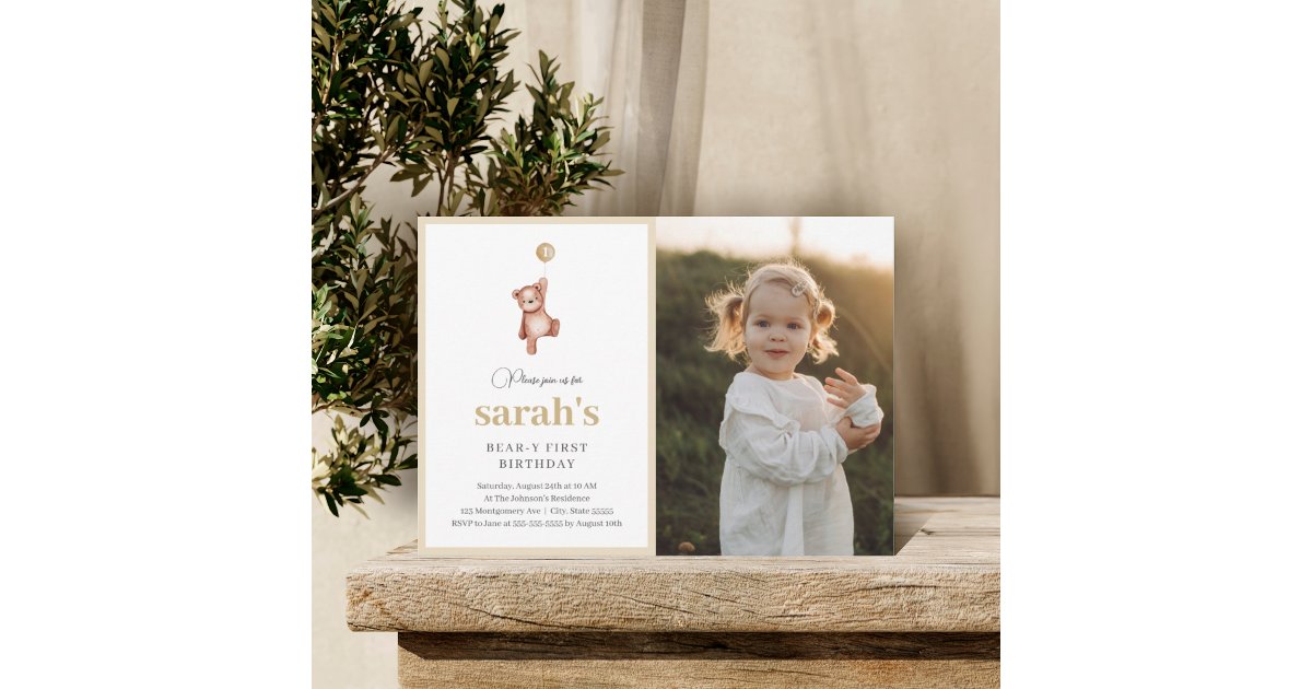 Teddy Bear First Birthday Party With Photo Invitation | Zazzle