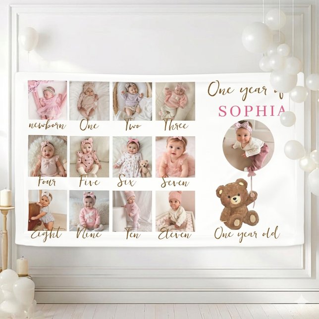 Teddy Bear First Birthday Photo Milestone Banner (Creator Uploaded)