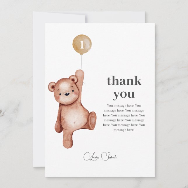 Teddy Bear First Birthday Thank You Card (Front)