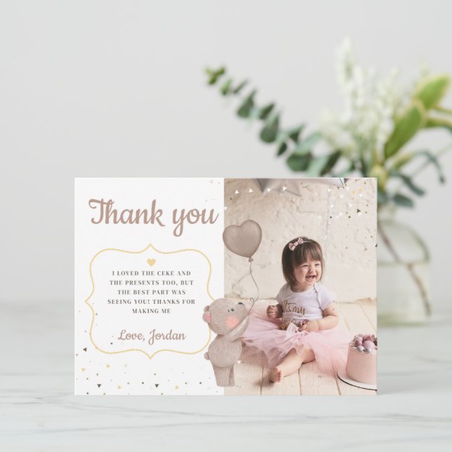 Teddy Bear First Birthday Thank You Card (Standing Front)