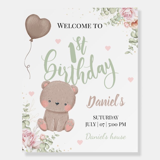 Teddy Bear First Birthday Welcome Sign (Front)