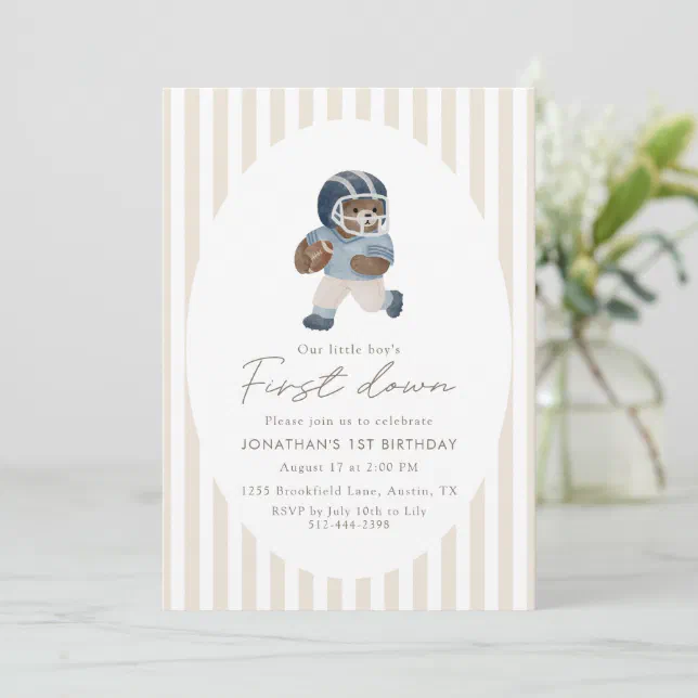 Teddy bear First Down Football First Birthday Invitation | Zazzle
