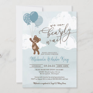 Teddy Bear Floating with Balloons Boy Baby Shower Invitation