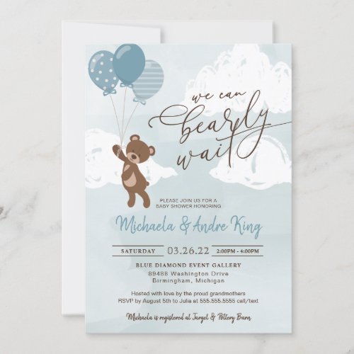  Teddy Bear Floating with Balloons Boy Baby Shower Invitation