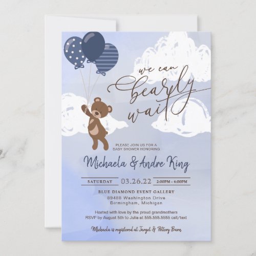  Teddy Bear Floating with Balloons Boy Baby Shower Invitation