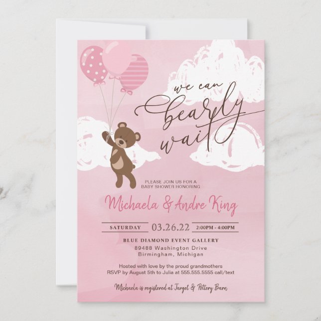  Teddy Bear Floating with Balloons Girl Baby Invitation (Front)