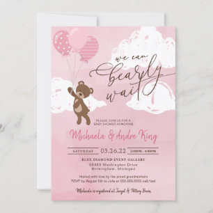 Teddy Bear Floating with Balloons Girl Baby Invitation