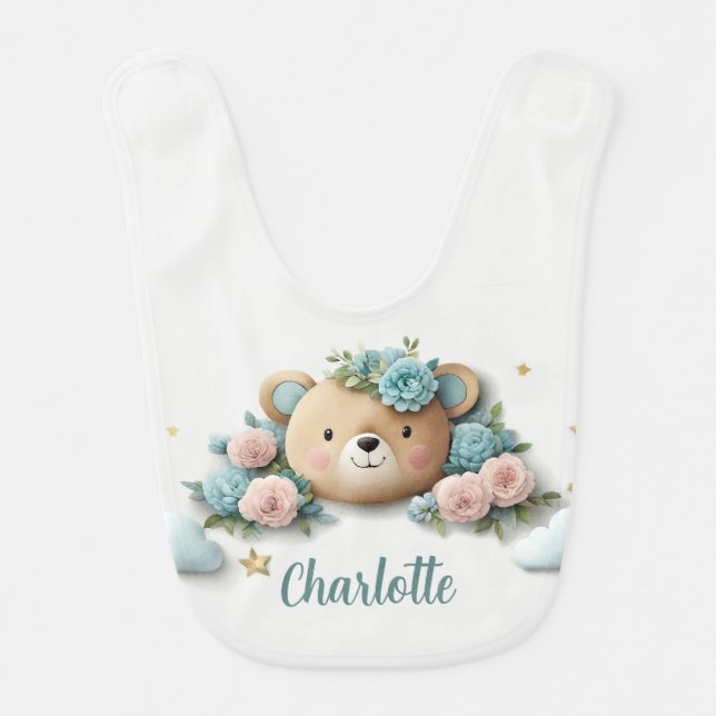 Teddy Bear Floral Baby Bib (Front)