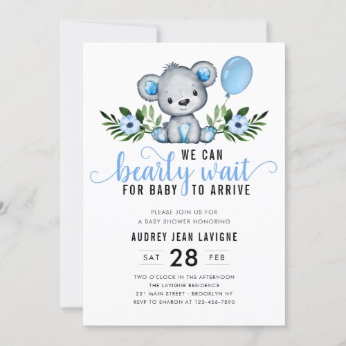 Teddy Bear Floral Botanical Blue Boy Baby Shower Invitation