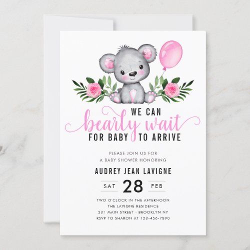 Teddy Bear Floral Botanical Pink Girl Baby Shower Invitation