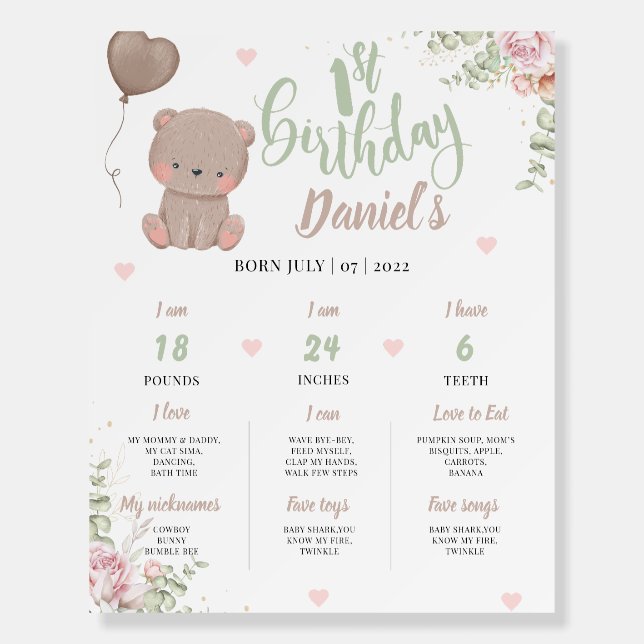 Teddy Bear Floral First Birthday Milestones Sign (Front)