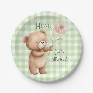 Teddy Bear Floral Gingham Pattern Baby Boy Shower Paper Plates