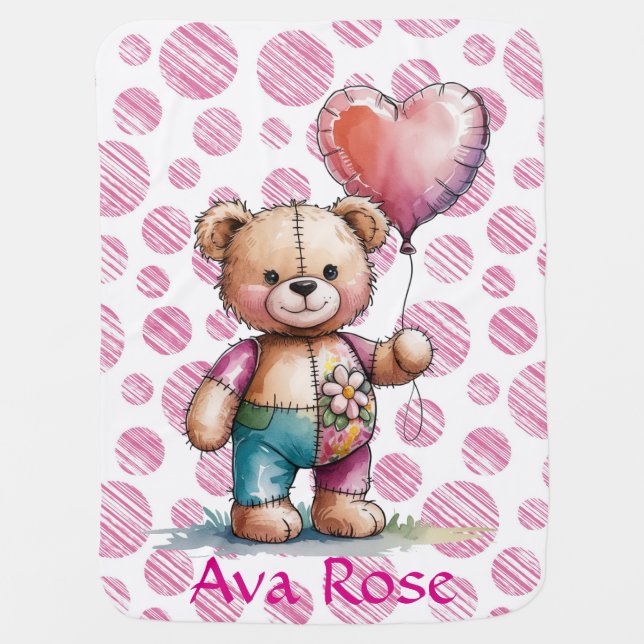 Teddy Bear Floral Patchwork Girl Baby Shower Gift Blanket (Front)