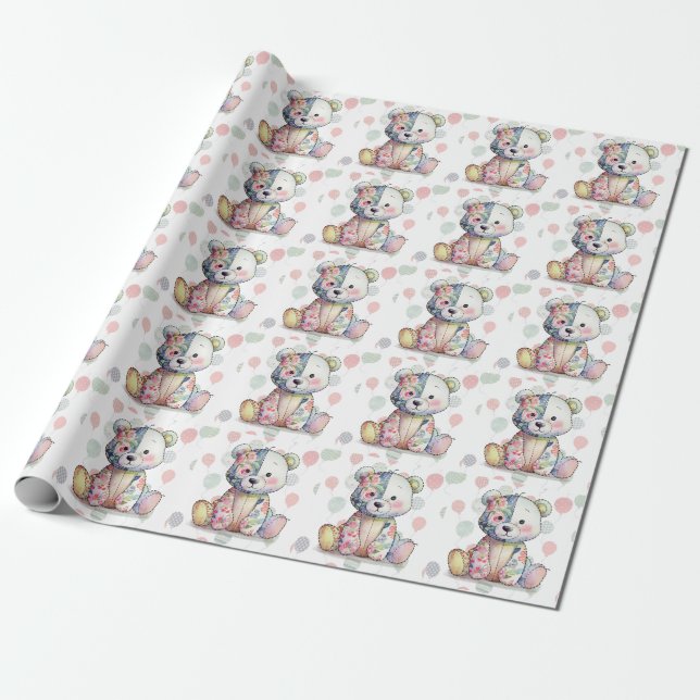 Teddy Bear Floral Patchwork Girl Baby Shower Wrapping Paper (Unrolled)