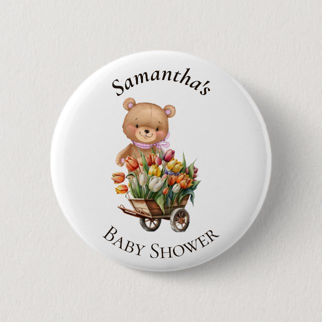 Teddy Bear Floral rustic Pink Baby Shower Button (Front)
