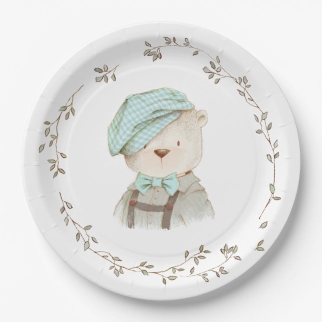 Teddy Bear Floral Simple Minimalistic Paper Plates (Front)