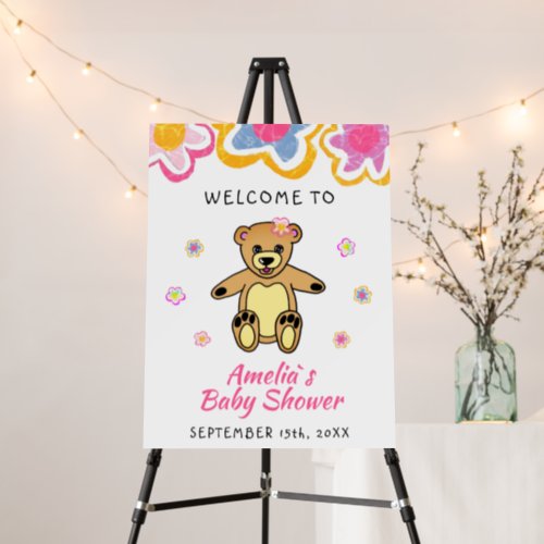 Teddy Bear Flower Floral Baby Shower Welcome  Foam Board