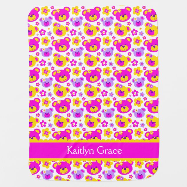 Teddy bear flower graphic name baby girls blanket (Front)