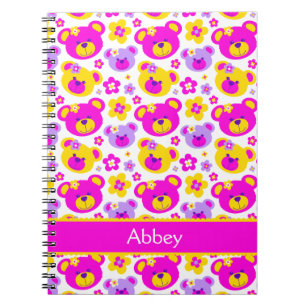 Teddy bear flower pattern girls pink name notebook