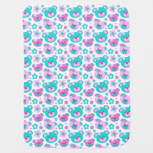 Teddy bear flower pink aqua baby girls blanket