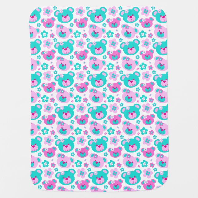 Teddy bear flower pink aqua baby girls blanket (Front)