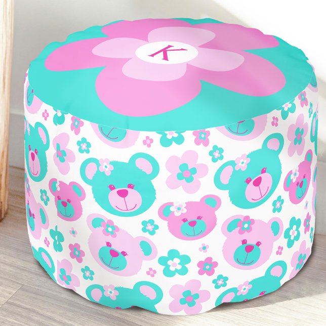 Teddy bear flower pink aqua white pouf (Creator Uploaded)