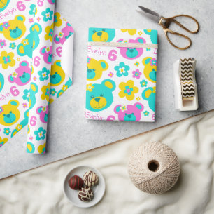 Teddy bear flowers 6th birthday name gift paper