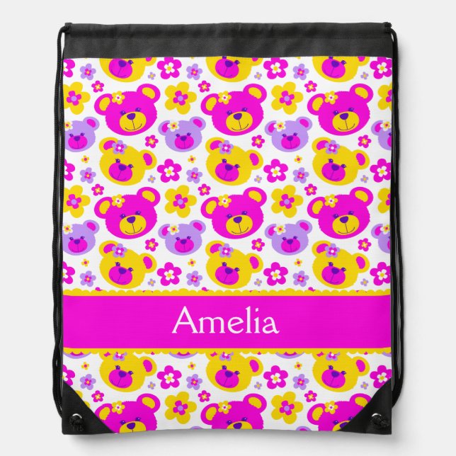 Teddy bear & flowers pattern named drawstring bag (Front)
