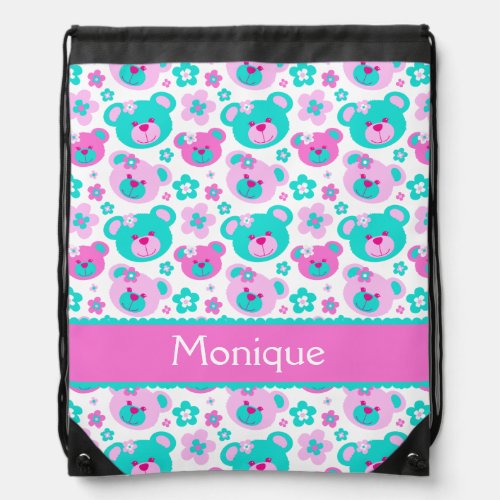 Teddy bear  flowers pattern named drawstring bag