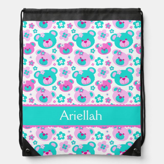 Teddy bear & flowers pattern named drawstring bag (Front)