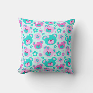 Teddy bear flowers pink aqua girls cushion pillow
