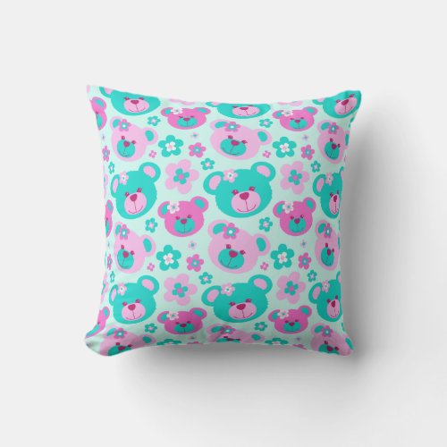 Teddy bear flowers pink aqua girls cushion pillow