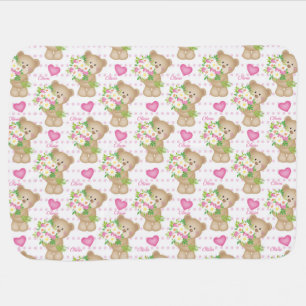 Teddy Bear Flowers Pink Hearts Repeating Name  Baby Blanket