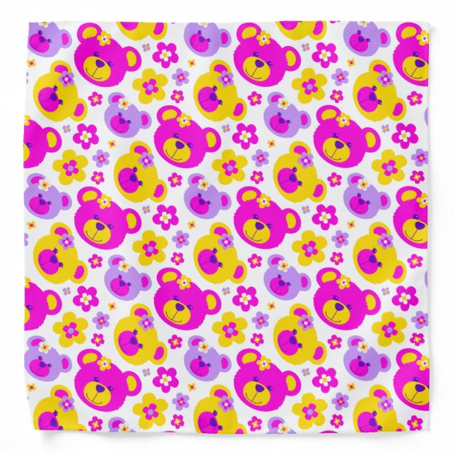 Teddy bear flowers pink yellow purple bandana (Front)
