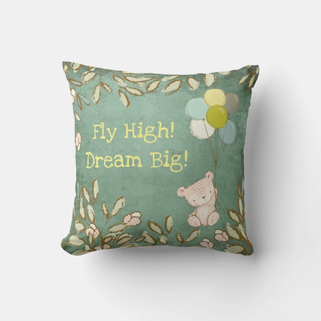 Teddy Bear Fly High Dream Balloons Green Typo Throw Pillow (Front)