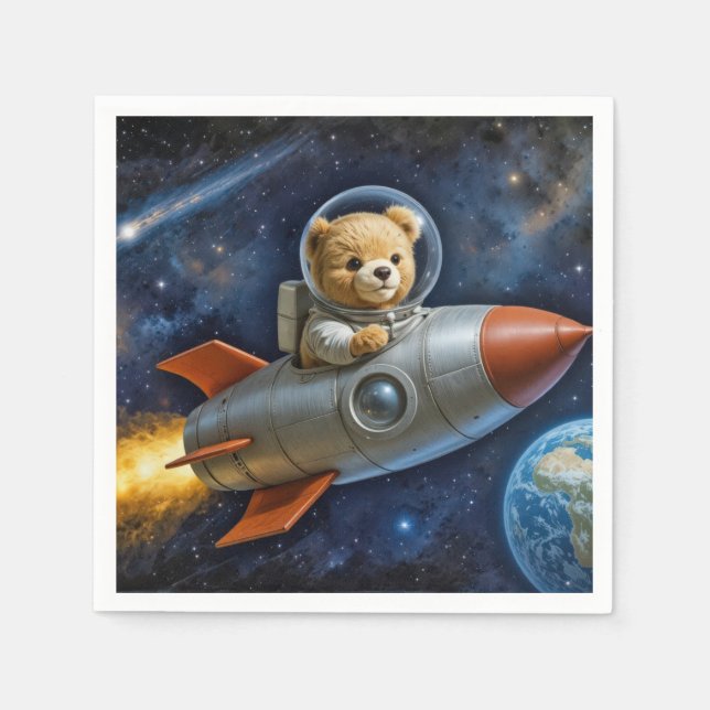 Teddy Bear Flying In a Rocket Ship Napkins (Front)