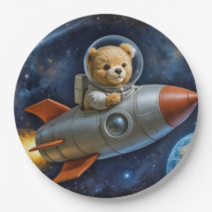 Teddy Bear Flying In a Rocket Ship Paper Plates