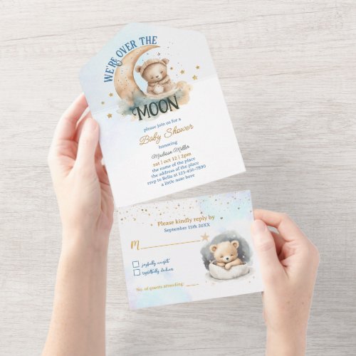 Teddy Bear Flying Over The Moon Boy Baby Shower All In One Invitation
