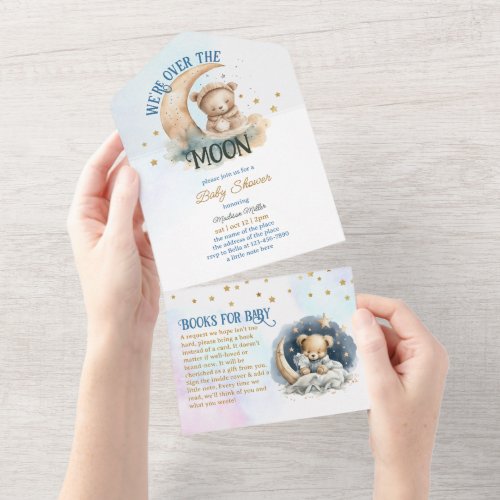 Teddy Bear Flying Over The Moon Boy Baby Shower All In One Invitation