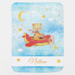 *~* Teddy Bear Flying Plane Moon Stars Clouds Baby Blanket