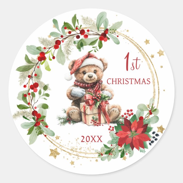 Teddy Bear Foliage Poinsettia Baby 1st Christmas Classic Round Sticker (Front)