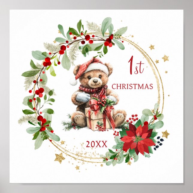 Teddy Bear Foliage Poinsettia Baby 1st Christmas Poster (Front)