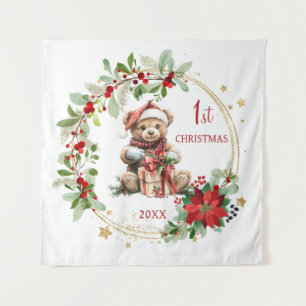 Teddy Bear Foliage Poinsettia Baby 1st Christmas Tapestry