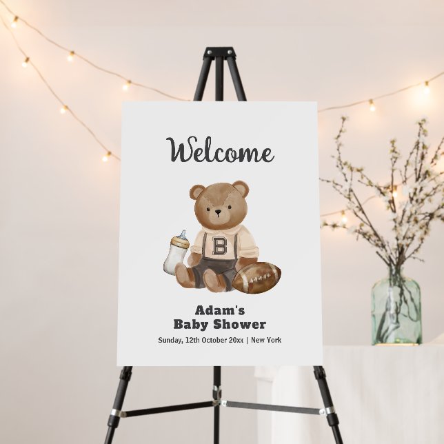 Teddy Bear Football Sport Baby Shower Welcome Sign (In Situ (Stand))