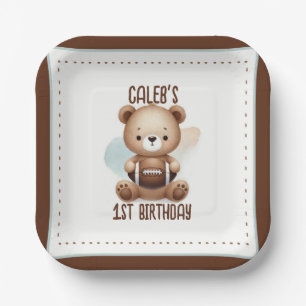 Teddy Bear Football Watercolor 1st Birthday Party Paper Plates