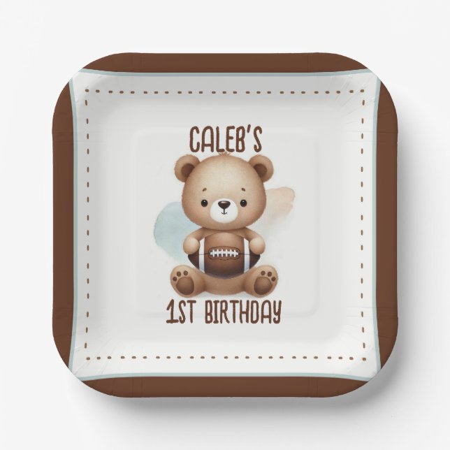 Teddy Bear Football Watercolor 1st Birthday Party Paper Plates (Front)