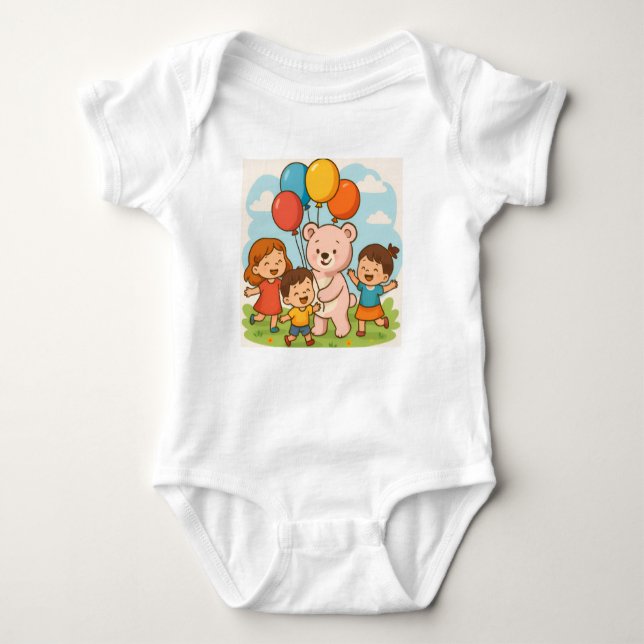 Teddy Bear Fun with Balloons and Kids Baby Bodysuit (Front)